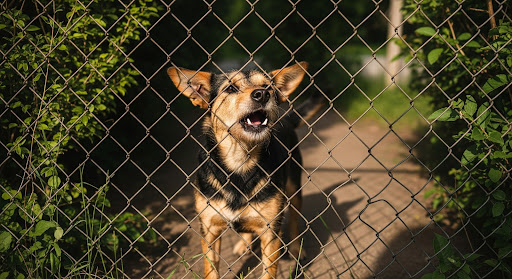 small dog barking behind a wire fence