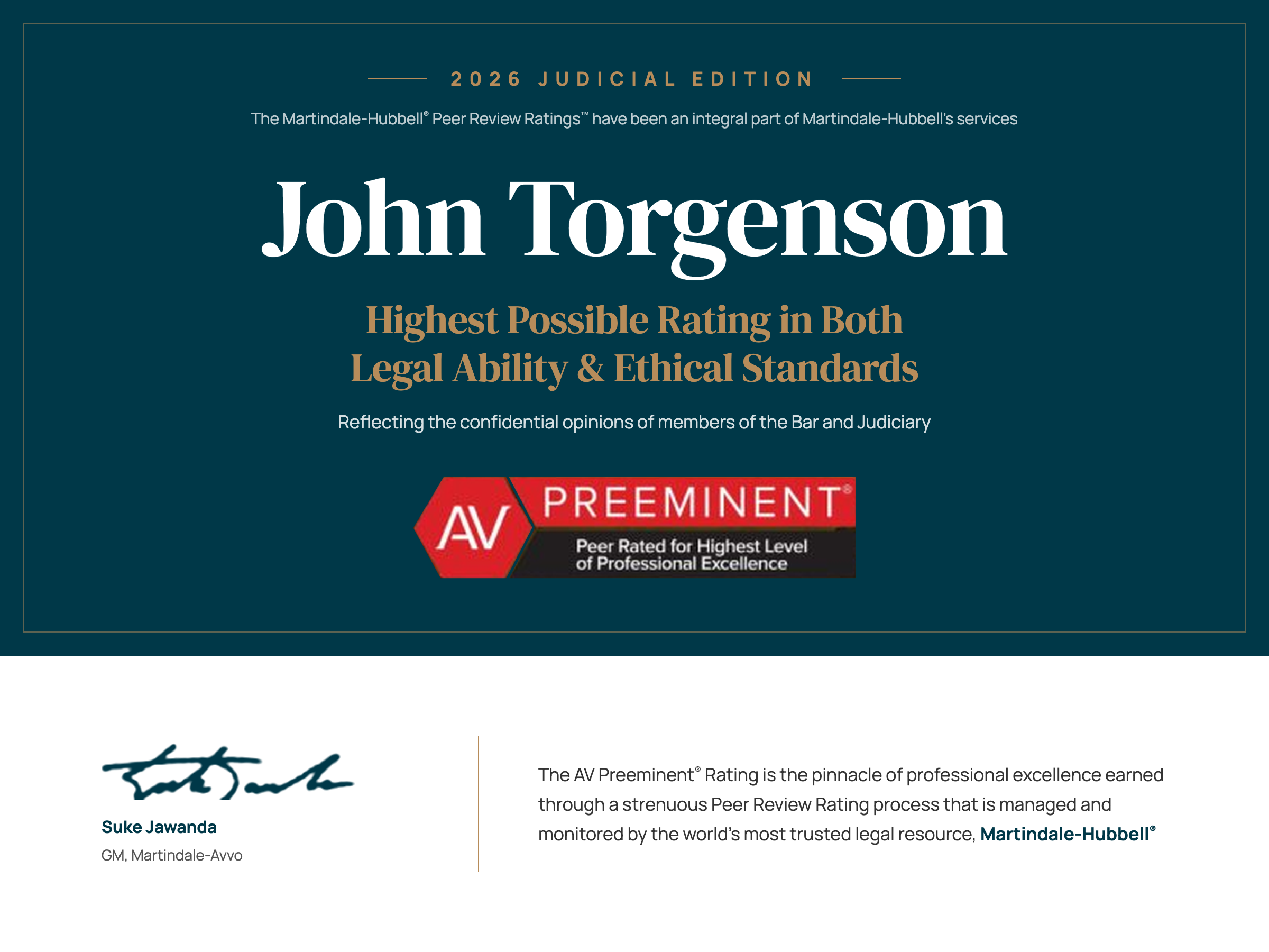 An award certificate for John Torgenson, recognizing his AV Preeminent rating for legal ability and ethical standards from Martindale-Hubbell, accompanied by a signature from Suke Jawanda, GM of Martindale-Avvo.