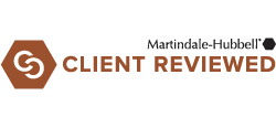 Martindale-Hubbell Client Reviewed badge featuring a brown hexagon icon with a white interlocking symbol.
