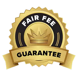 Gold circular badge with a crown icon and the text Fair Fee Guarantee.