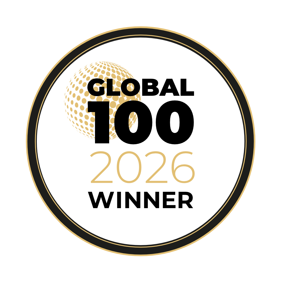 Circular badge reading Global 100 2026 Winner with a golden dotted globe icon.