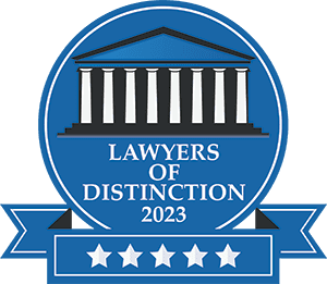 Lawyers of Distinction 2023 seal featuring a building icon and five stars.