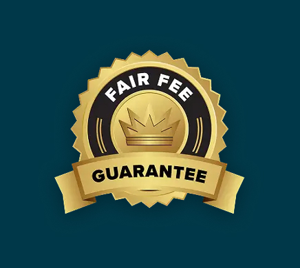 Gold badge with a crown icon and the text Fair Fee Guarantee.