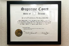 Framed certificate of admission to the Supreme Court of the State of Arizona for John Patrick Torgenson.