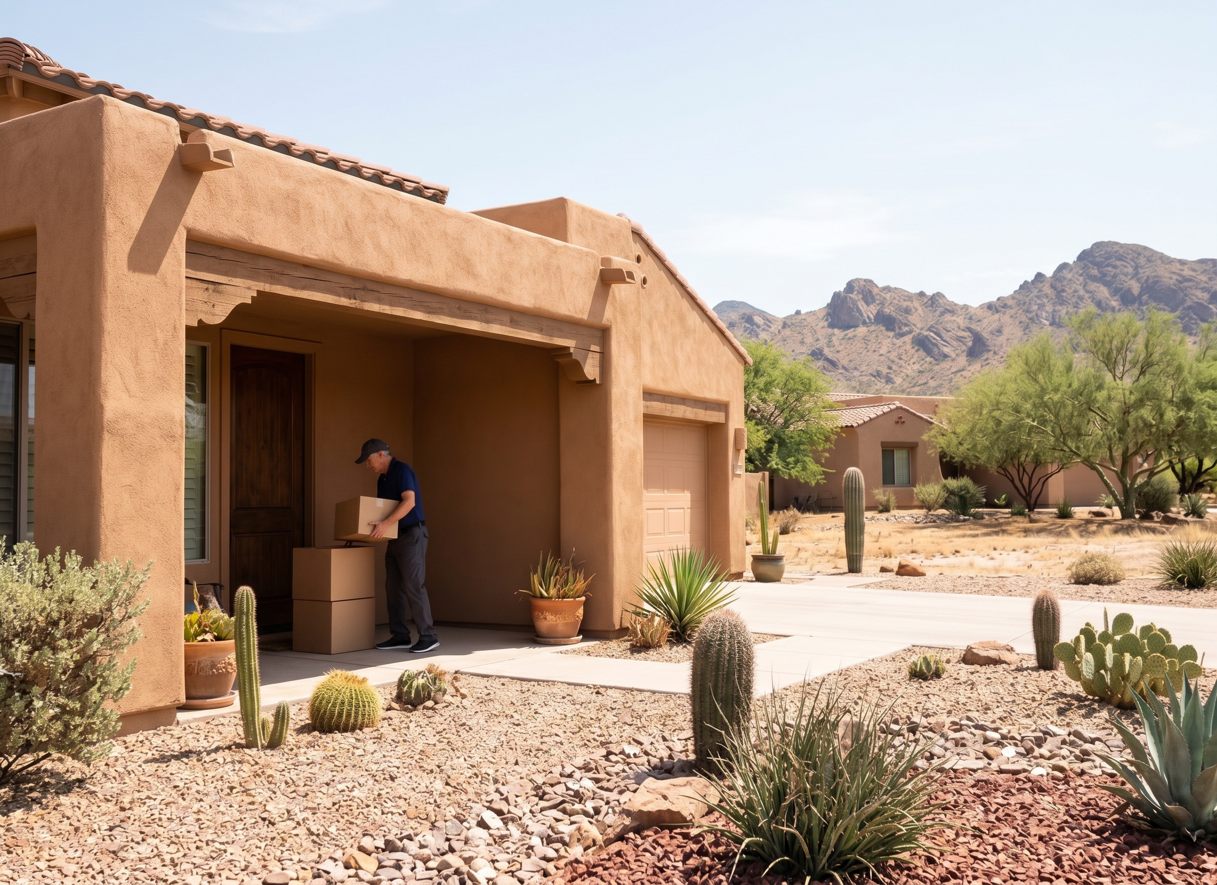 A delivery person places a cardboard box on the porch of a desert-style house.