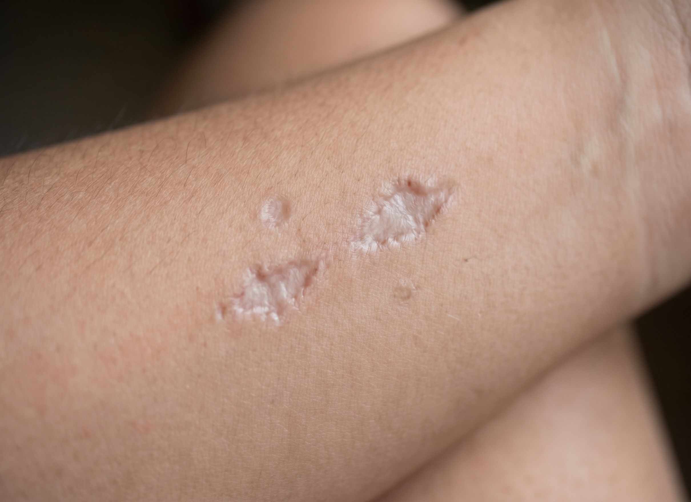 Close-up view of two light-colored, raised scars on a persons forearm.