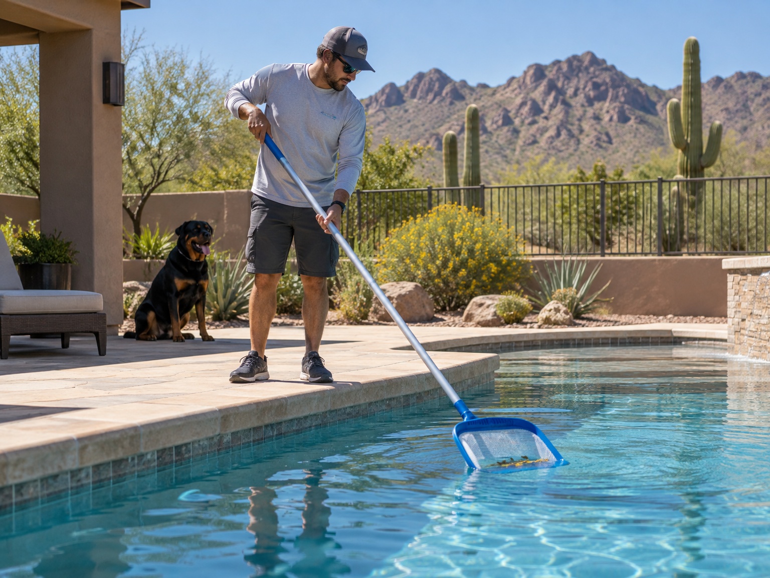 A man in a baseball cap and long-sleeved shirt uses a pool skimmer to clean a swimming pool, while a Rottweiler sits nearby on the patio.